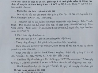 BỆNH VIỆN QUÂN Y 120 THÔNG BÁO MỜI CHÀO GIÁ CẠNH TRANH NÂNG CẤP HỆ THỐNG CNTT VÀ CHUYỂN ĐỔI SỐ PHỤC VỤ KHÁM CHỮA BỆNH GIAI ĐOẠN I